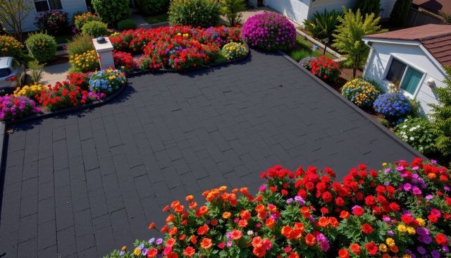 A dark, rectangular paved patio surrounded by vibrant, multi-colored flower beds in a sunny residential garden setting.