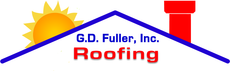 Logo for G.D. Fuller, Inc. Roofing featuring a blue house roof outline, a yellow sun, and a red chimney.