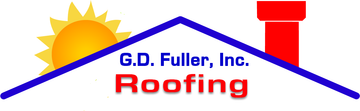 Logo for G.D. Fuller, Inc. Roofing featuring a blue house roof outline, a yellow sun, and a red chimney.