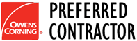 Owens Corning Preferred Contractor logo with red square featuring a white swoosh and text next to bold black lettering.