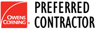 Owens Corning Preferred Contractor logo with red square featuring a white swoosh and text next to bold black lettering.