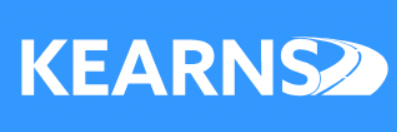 Kearns logo with white text on a blue background, featuring a stylized road in the