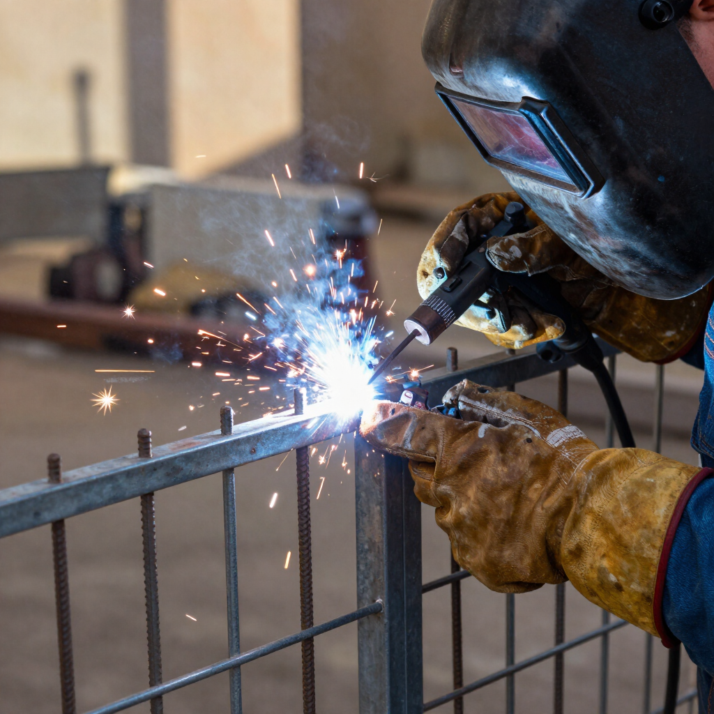 Welder in protective gear welding a metal fence, sparks flying in an indoor workshop.