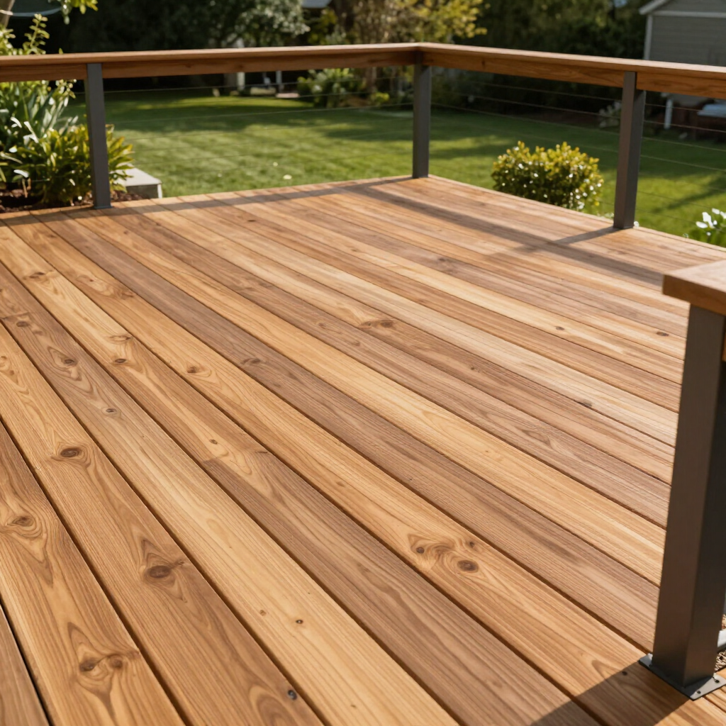 Wooden deck with railing overlooking a green yard and garden shrubs.