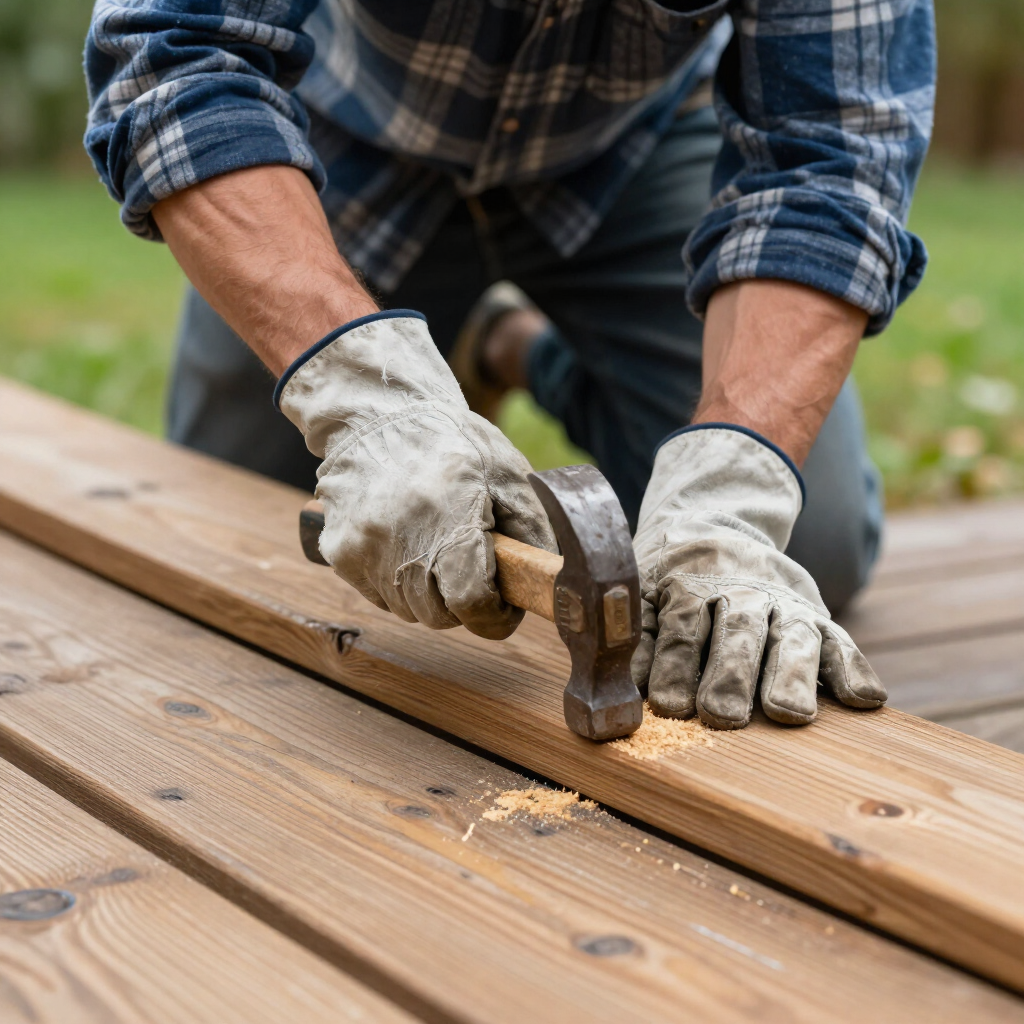 Person hammering a nail into a wooden deck board while kneeling outdoors