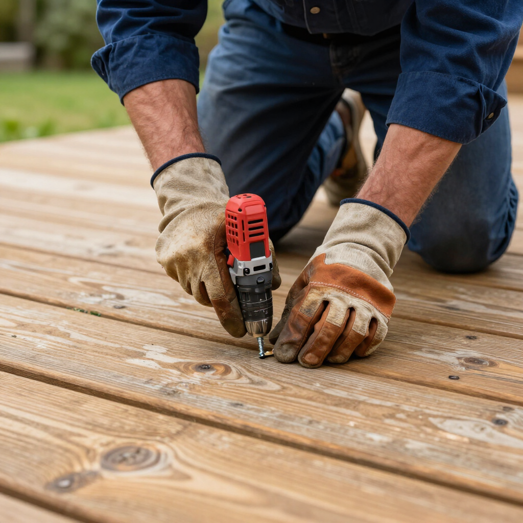 Worker kneeling on a wooden deck, using a red power tool while wearing gloves and jeans.