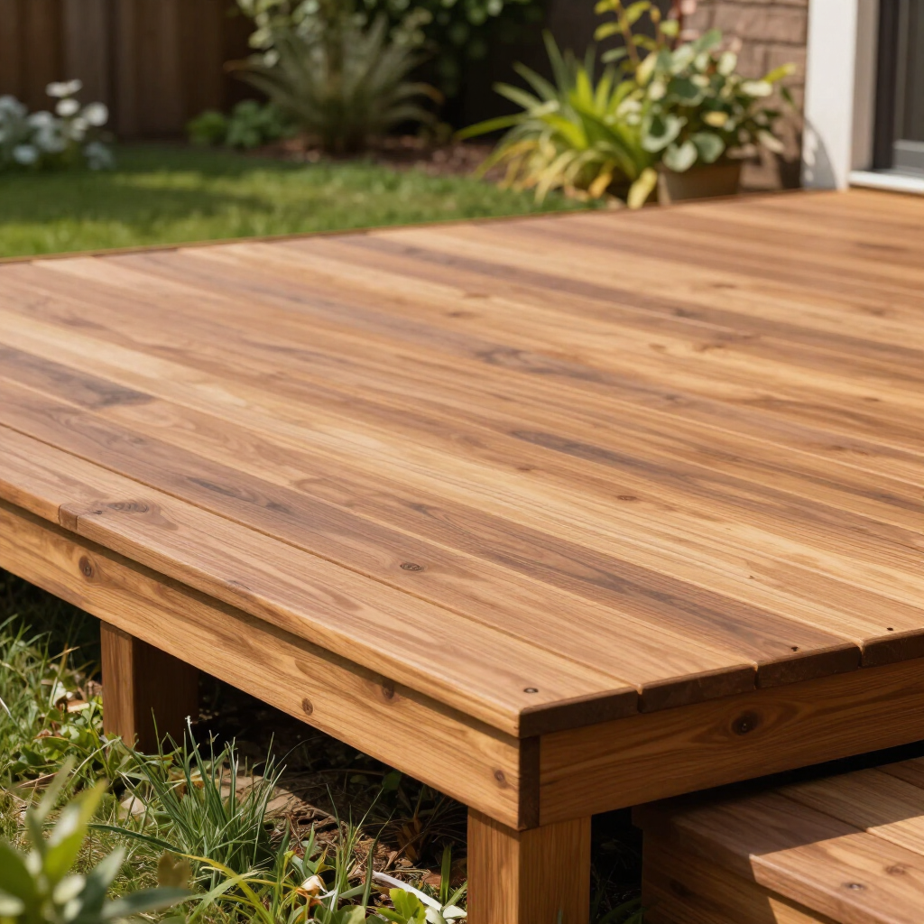 Wooden outdoor deck with built-in bench seating in a sunny garden