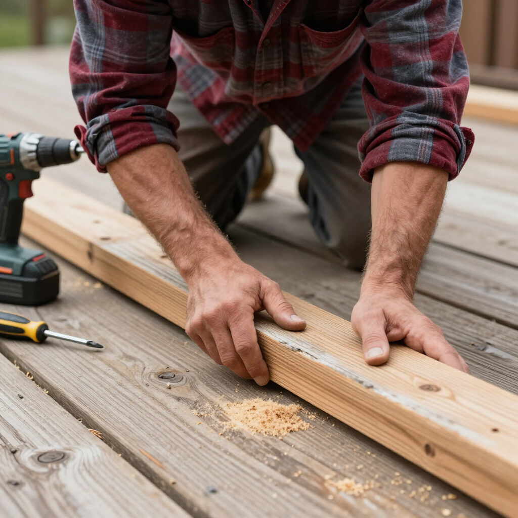 Person sanding a wooden plank outdoors beside a power drill and screwdriver