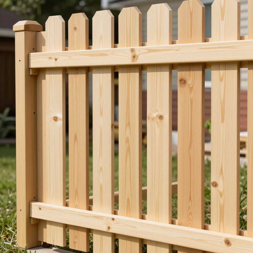 Light wood picket fence with horizontal rails in a garden setting