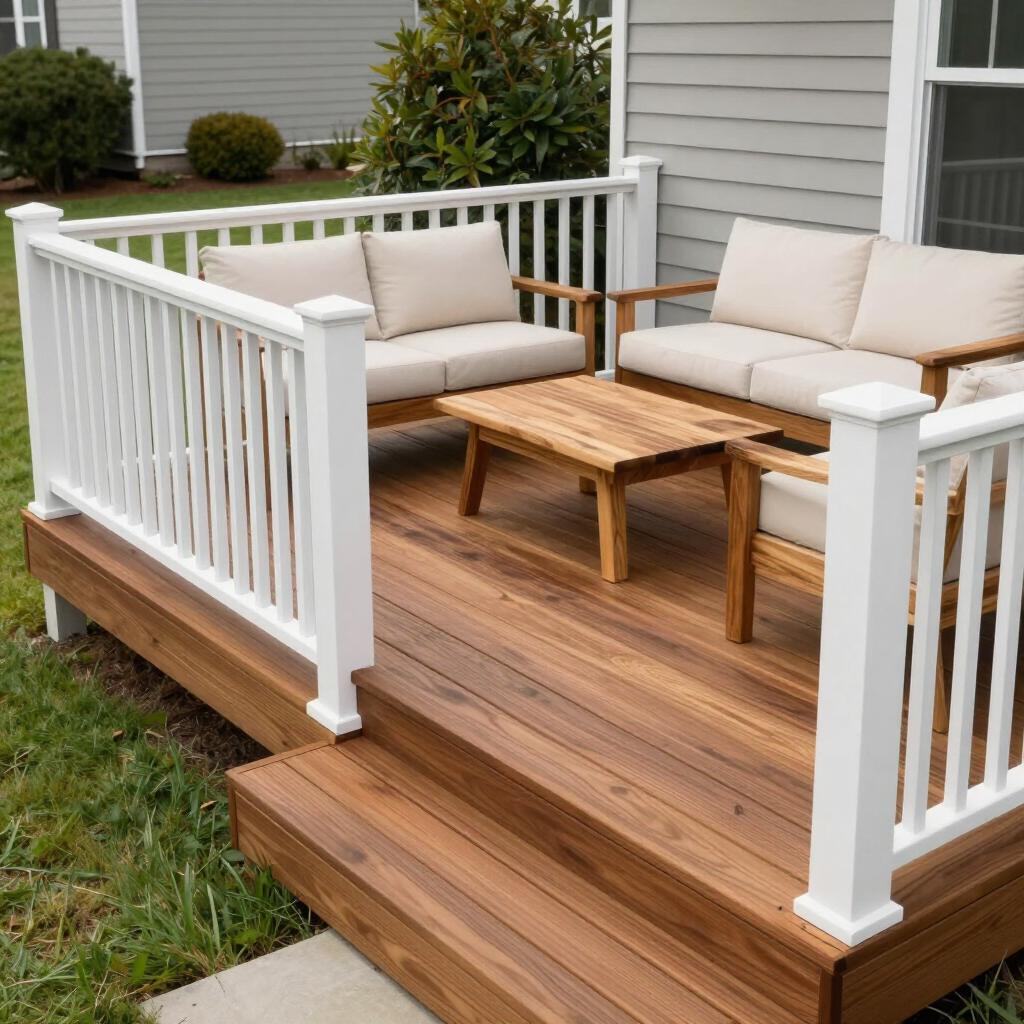 Wooden deck with white railing, beige cushions, and a small coffee table outside a house