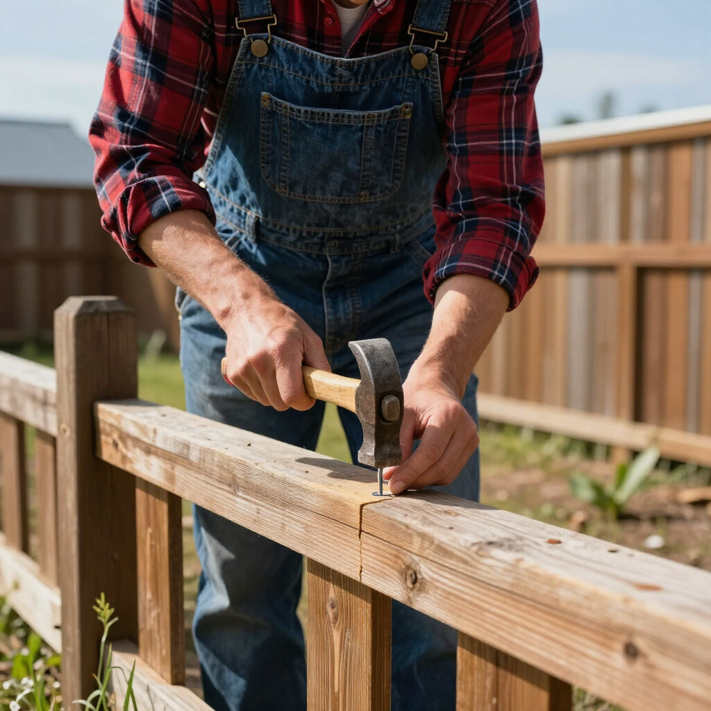 Person hammering a nail into a wooden railing outdoors while wearing a red plaid shirt and denim overalls