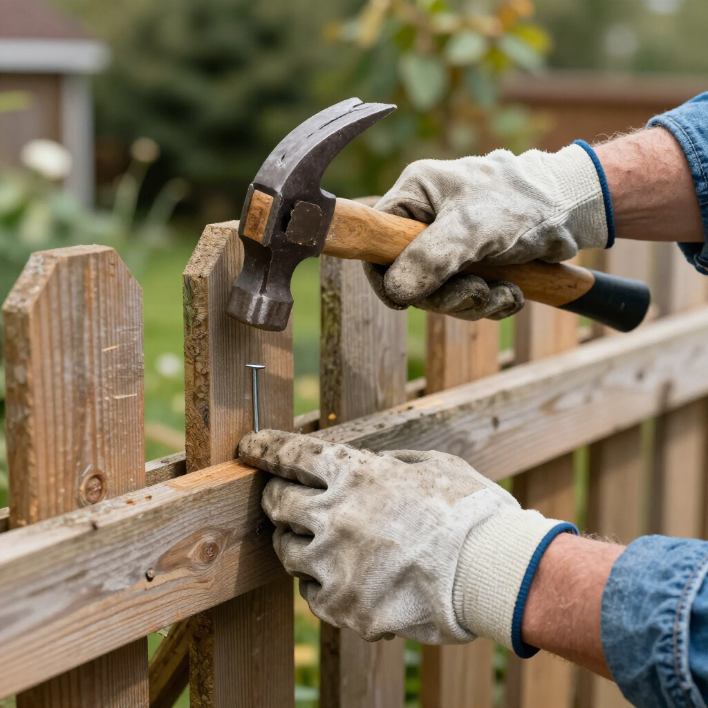 Gloved hands hammer a nail into a wooden fence rail during repair work.