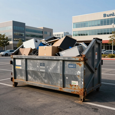 Overflowing construction dumpster in a parking lot outside office buildings