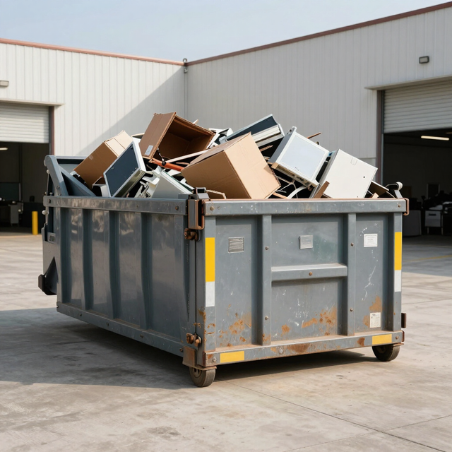 Overflowing construction dumpster with discarded furniture and boxes outside a warehouse