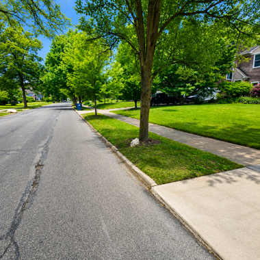 Quiet suburban street with trees, sidewalk, green lawns, and houses on a sunny day