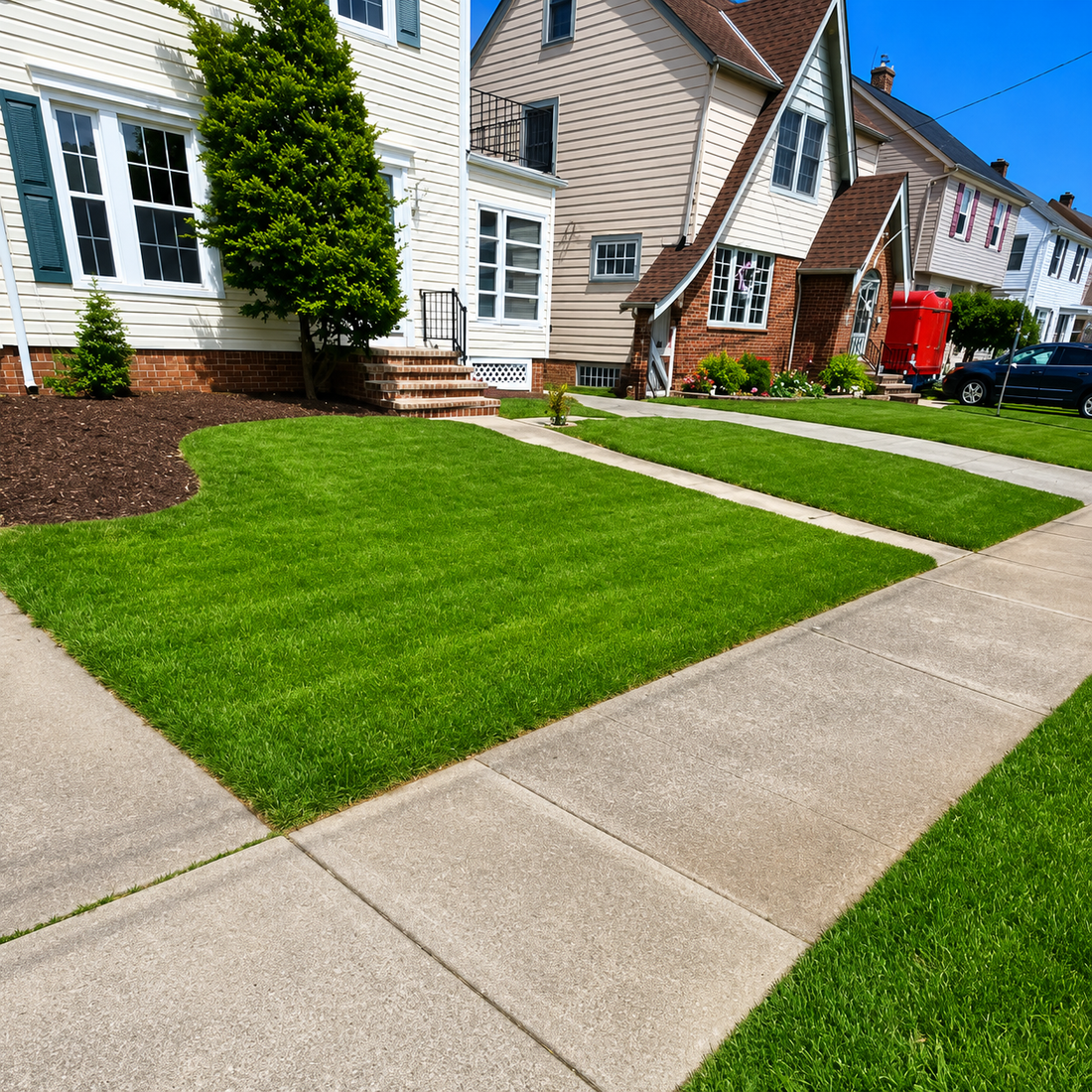 Suburban homes with green lawns and concrete sidewalks on a sunny day