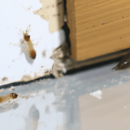 Termite damage on a white wall and wood trim, with visible tunnels and debris.