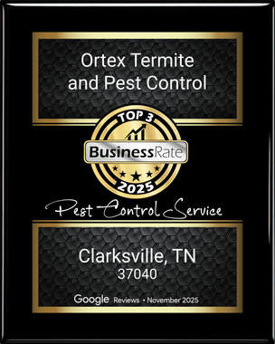 Ortex Termite and Pest Control business plaque, Clarksville, TN, with gold “Top 3 Business” badge