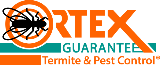 Logo for Vortex Termite & Pest Control. Orange text and bullseye over a black insect. Teal "GUARANTEE" below.