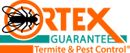 Logo for Vortex Termite & Pest Control. Orange text and bullseye over a black insect. Teal "GUARANTEE" below.