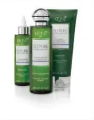 Three green Kler haircare bottles and a green tube on a white background