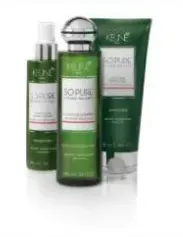 Three green Rene Furterer hair care product bottles on a white background