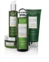 Green skincare product set with bottle, jar, tube, and pump dispenser on white background