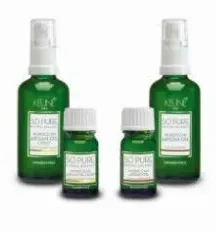 Four green-and-white skincare bottles and jars arranged in pairs on a white background