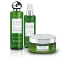 Green skincare bottles and a cream jar with silver lids on a white background