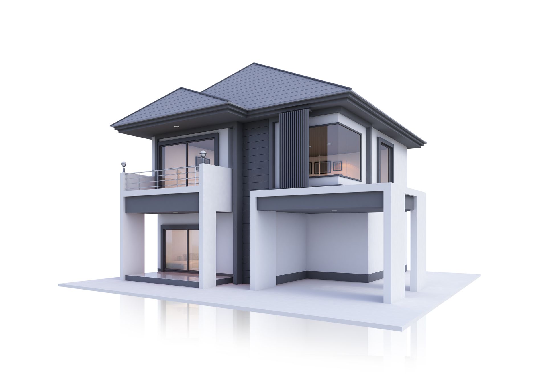 Modern two-story house with gray roof, white walls, and a small balcony.