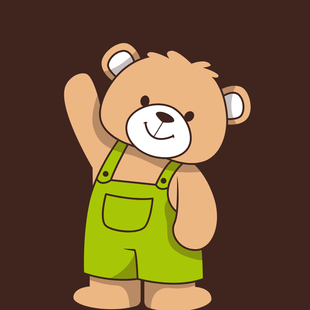 Cute teddy bear waving, wearing bright green overalls on a brown background