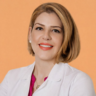 Smiling professional in a white coat against an orange background
