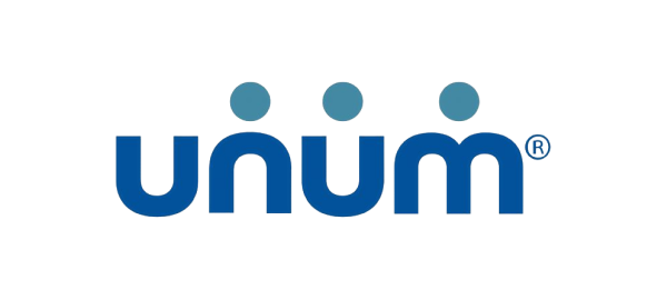 Unum logo in blue with three teal dots above the wordmark