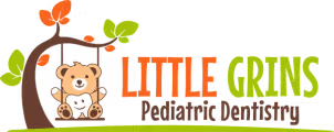 Logo for Little Grins Pediatric Dentistry with bear in tree and green and orange text