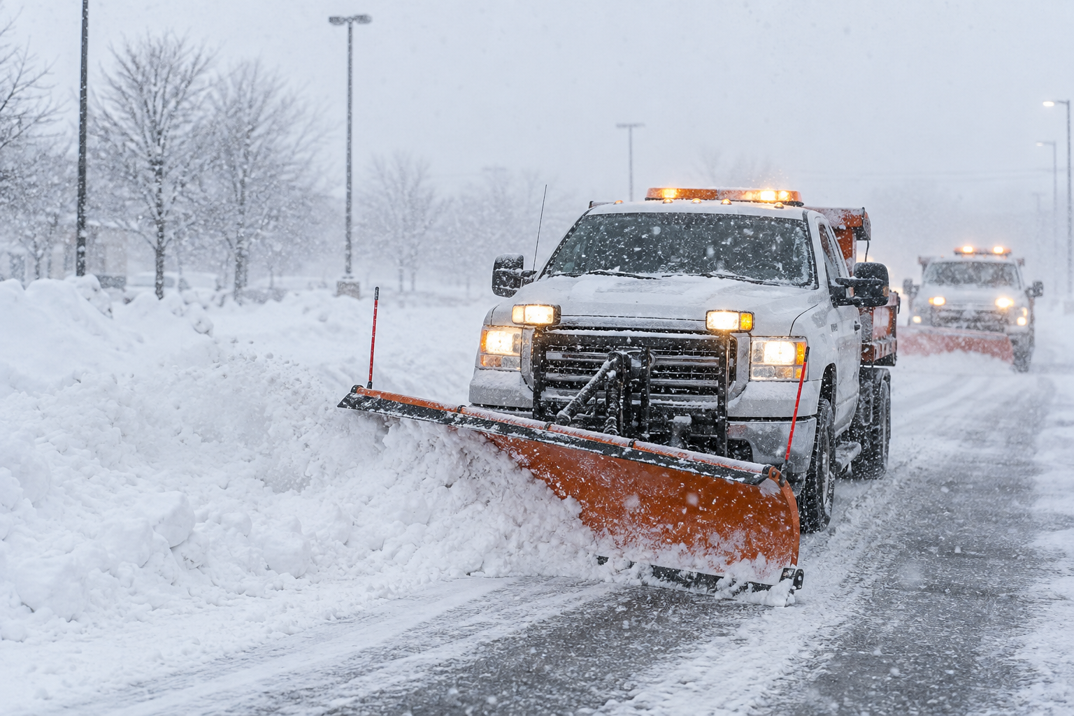 Snowplow clearing a snow-covered road during a heavy snowfall.