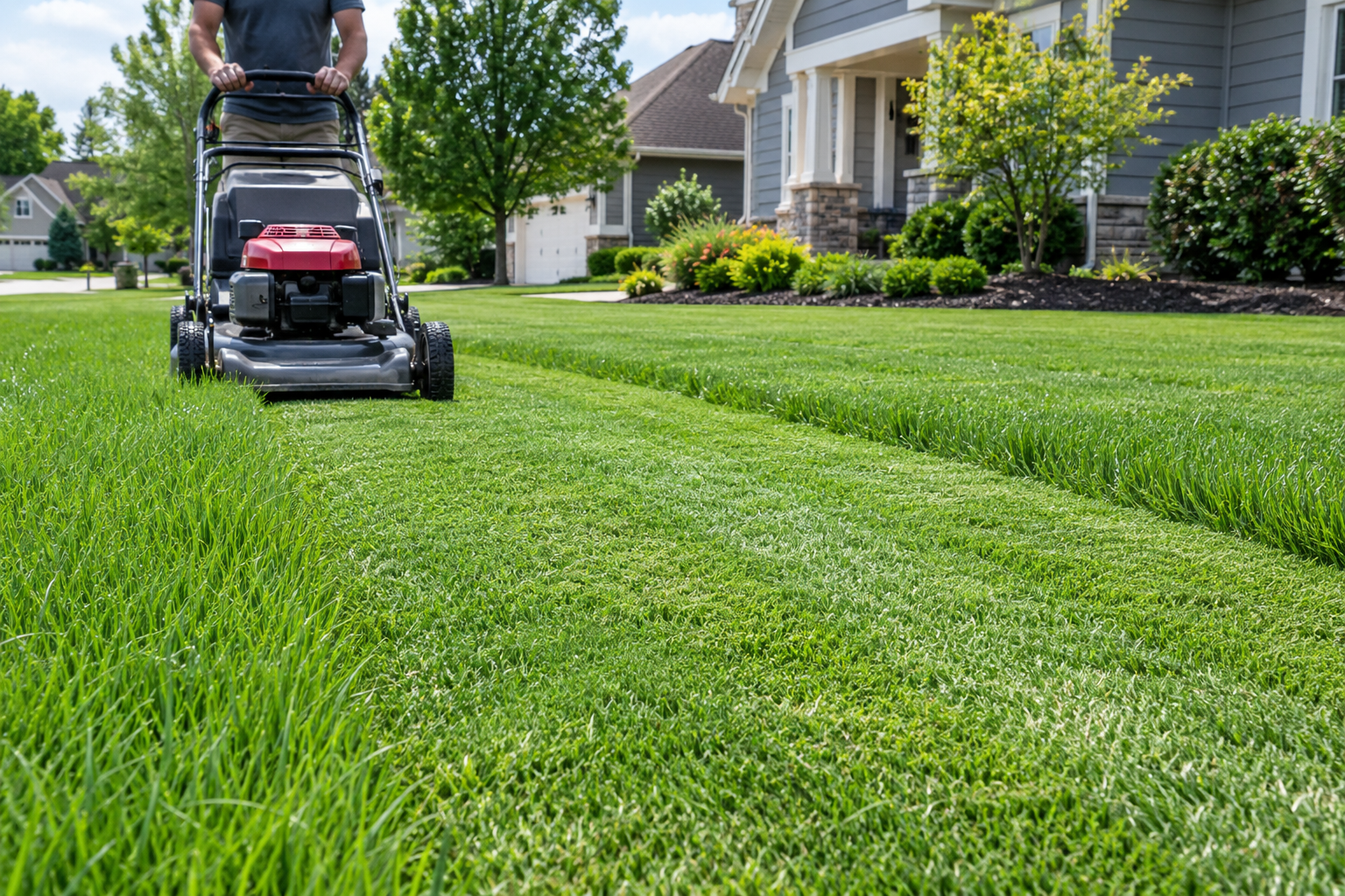 Person mowing a green suburban lawn with a push mower on a sunny day