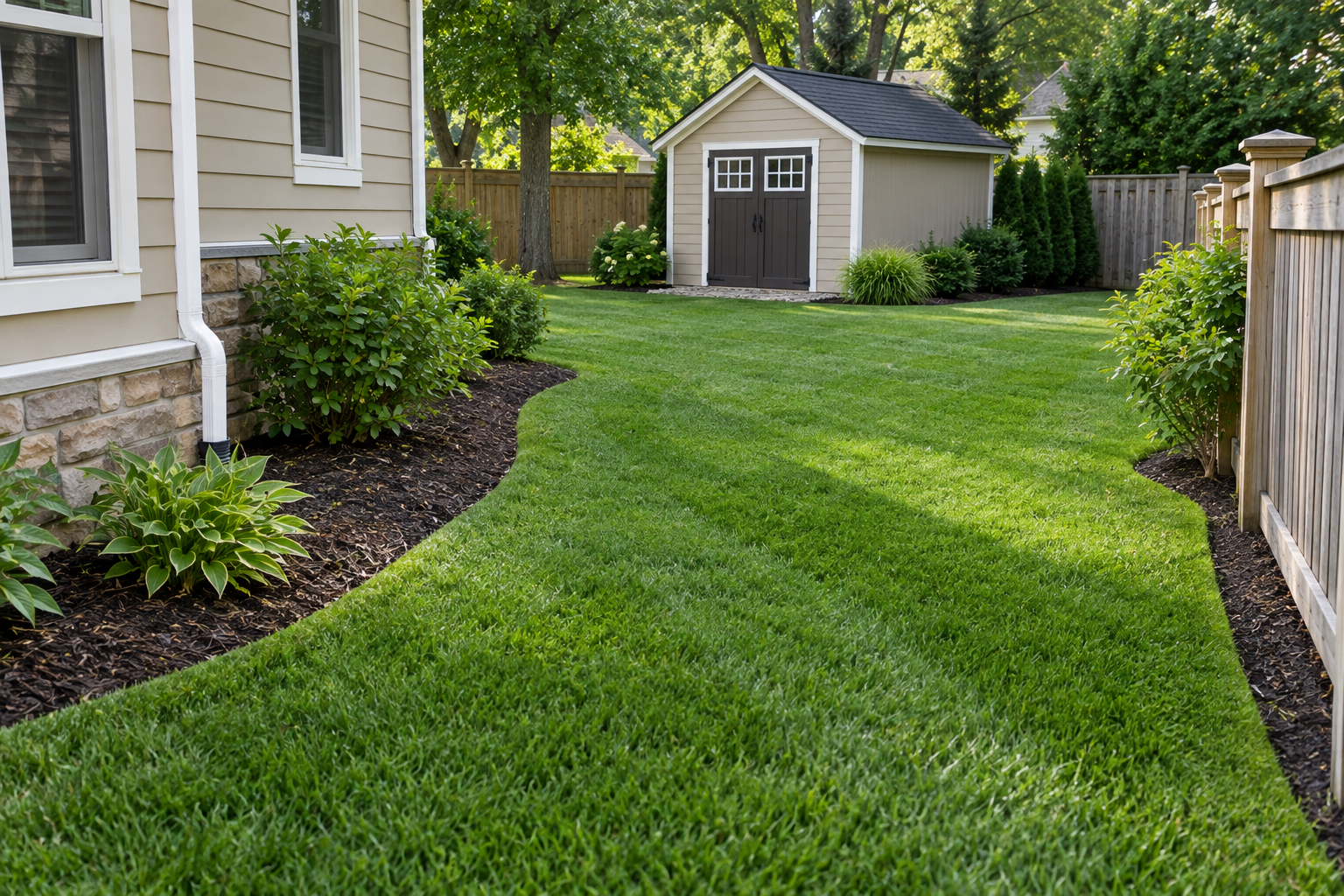 Neatly landscaped backyard with green lawn, shrubs, stone edging, and a small gray shed.