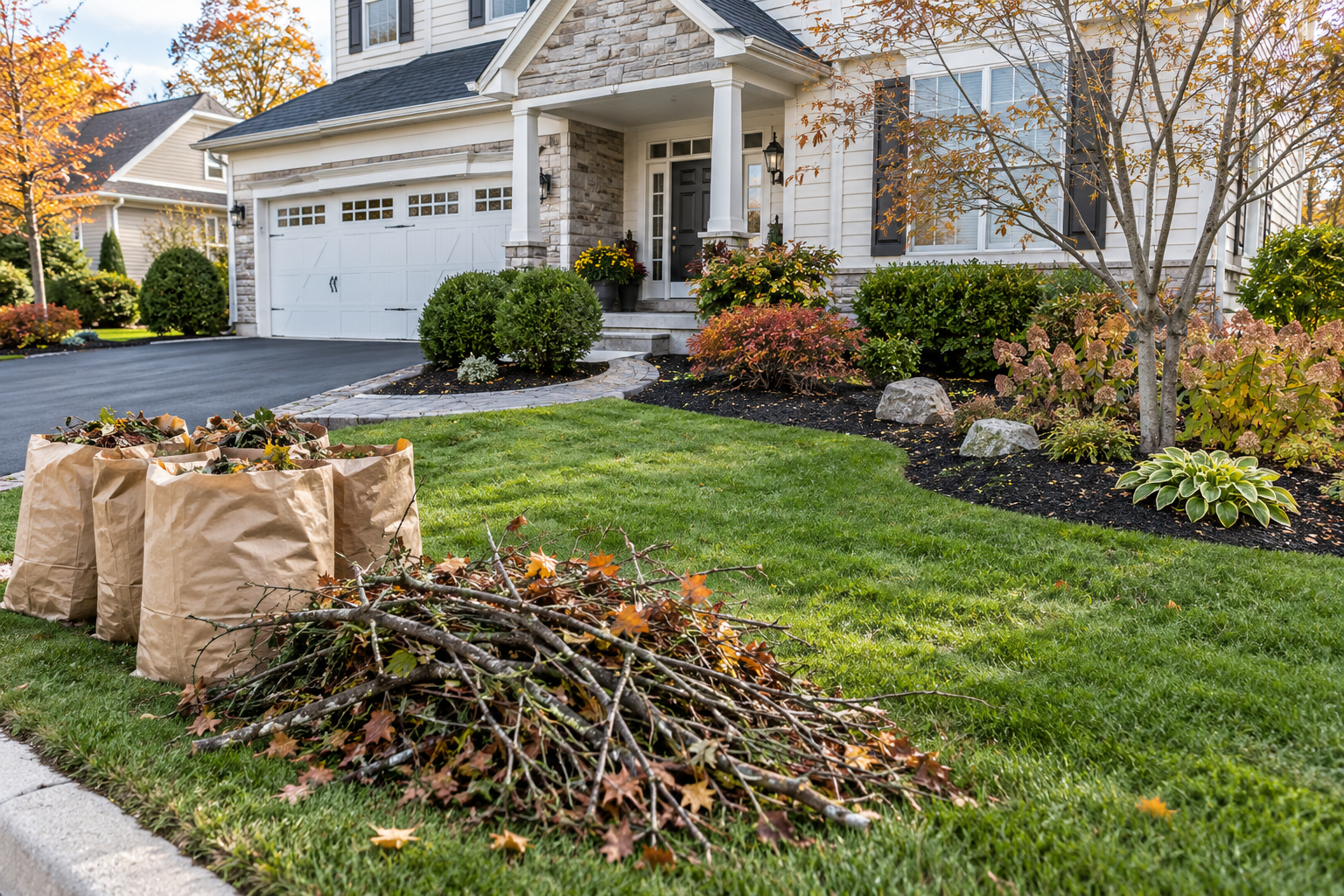 Bagged leaves and trimmed branches piled on a lawn beside a suburban house and driveway