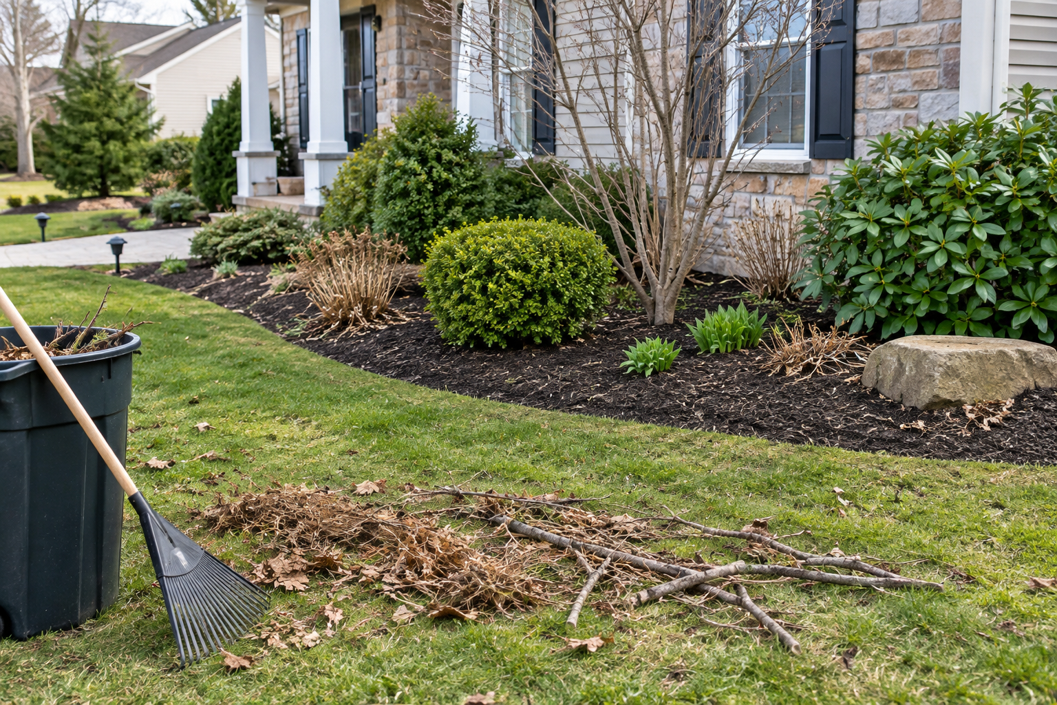 Yard cleanup tools and pile of branches on a lawn beside a house with shrubs and stone landscaping.