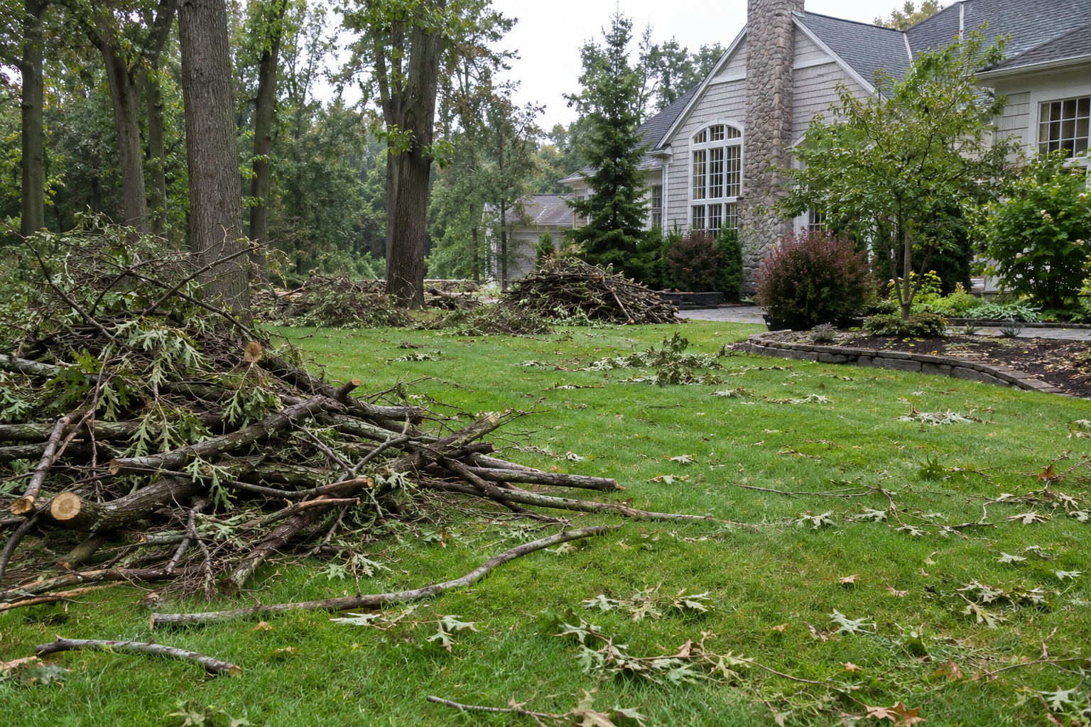 Yard covered with fallen branches and leaves beside a house after a storm