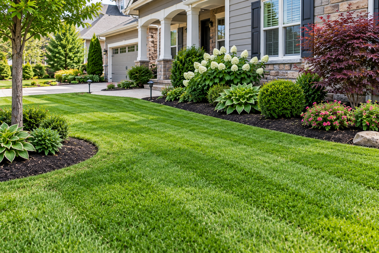 Well-manicured lawn with flower beds in front of a suburban house with a covered porch