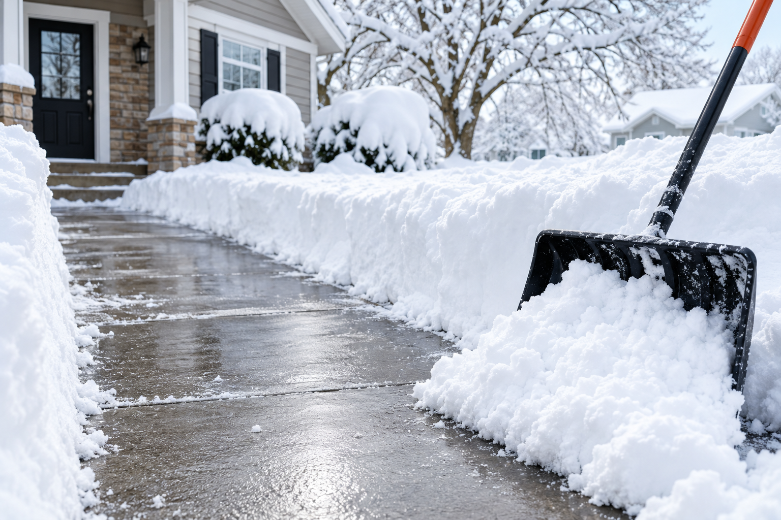 Snow-covered driveway being shoveled beside a house, with a black snow shovel in the foreground.