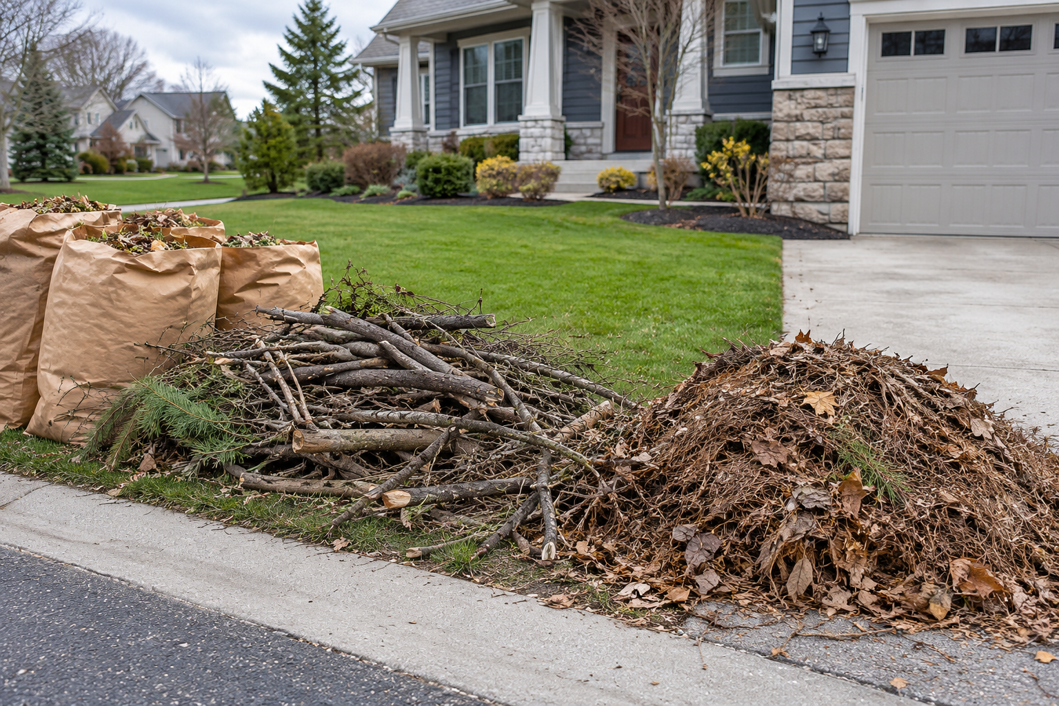 Yard waste bags, branches, and leaves piled at curb beside a suburban house and driveway