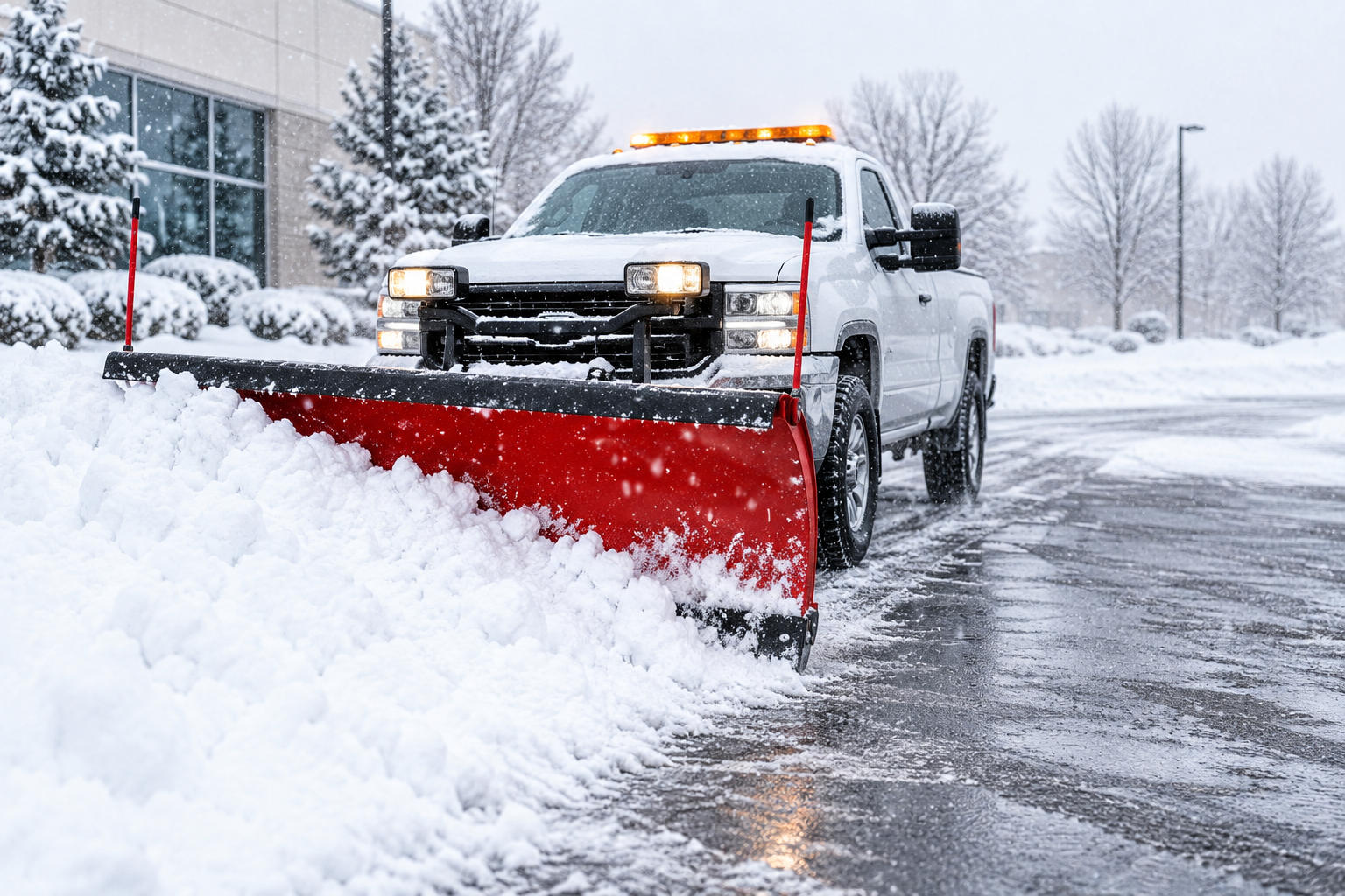 Snowplow clearing a snowy road, with a red blade and amber lights in a winter storm