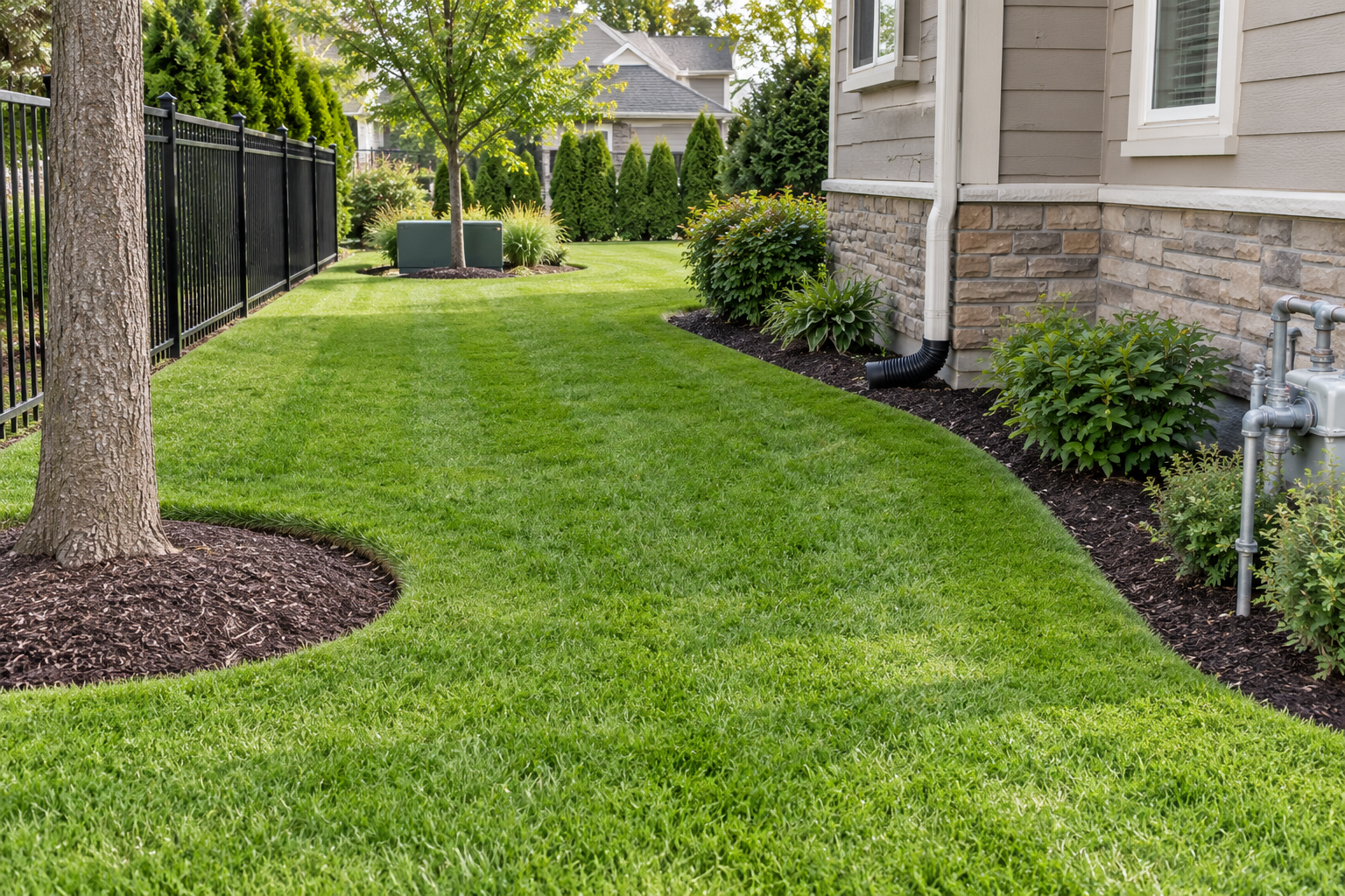Neatly landscaped backyard with green lawn, mulched beds, shrubs, and a stone house exterior