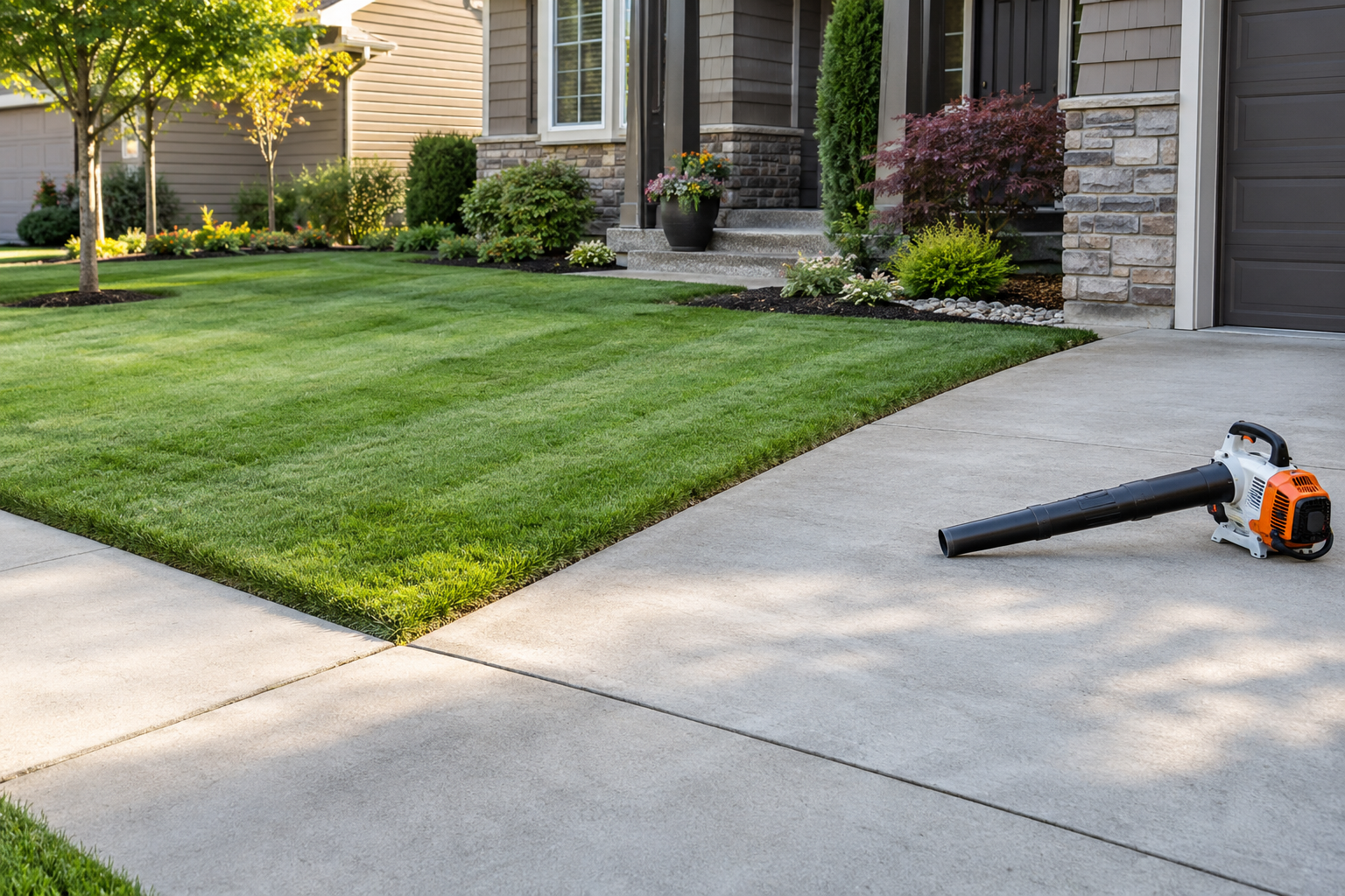 Leaf blower on a driveway beside a neatly manicured lawn and house exterior