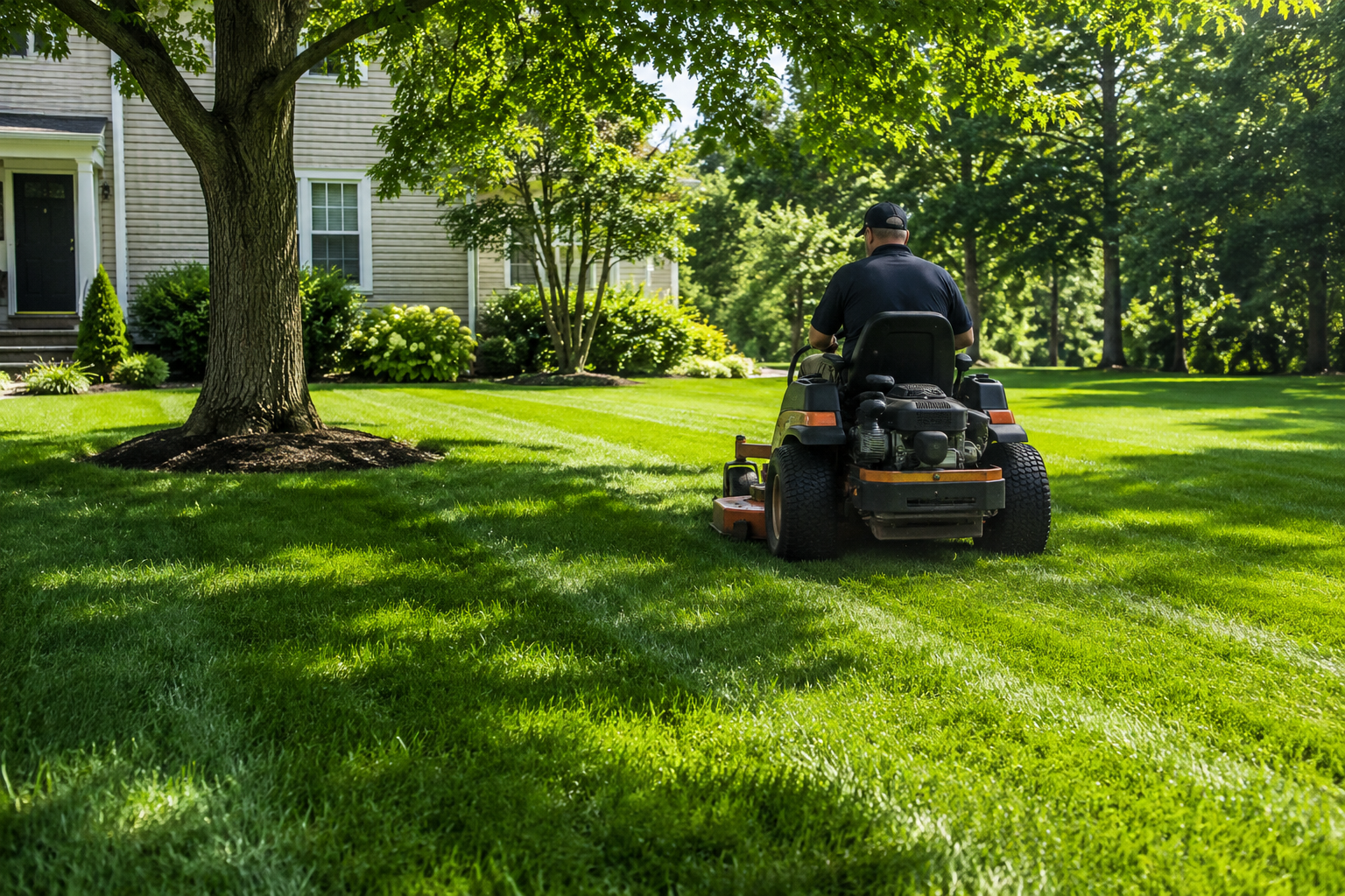 Person mowing a bright green lawn beside a house on a sunny day
