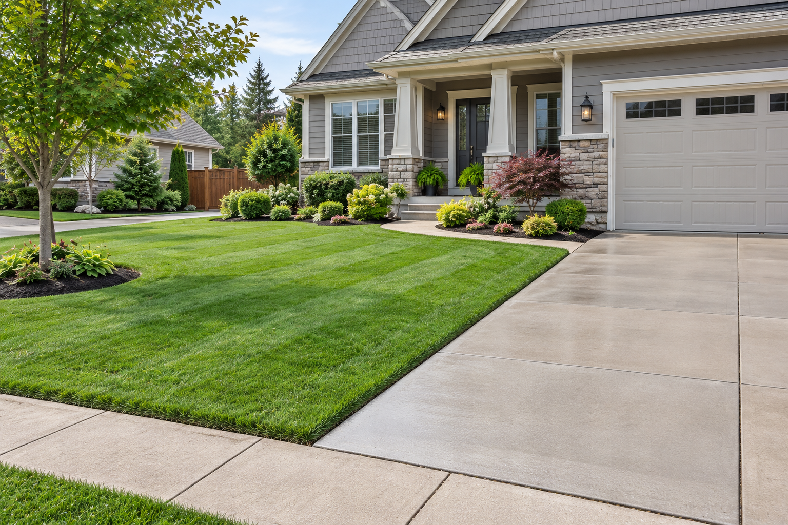 Suburban house with a manicured lawn, driveway, and attached garage