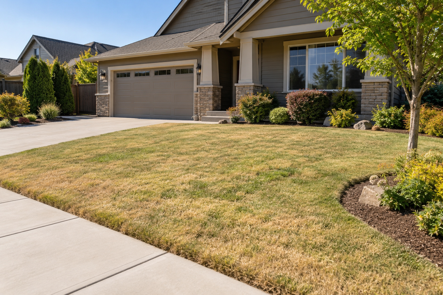 Suburban house with a beige garage, front lawn, sidewalk, and a small tree by the driveway