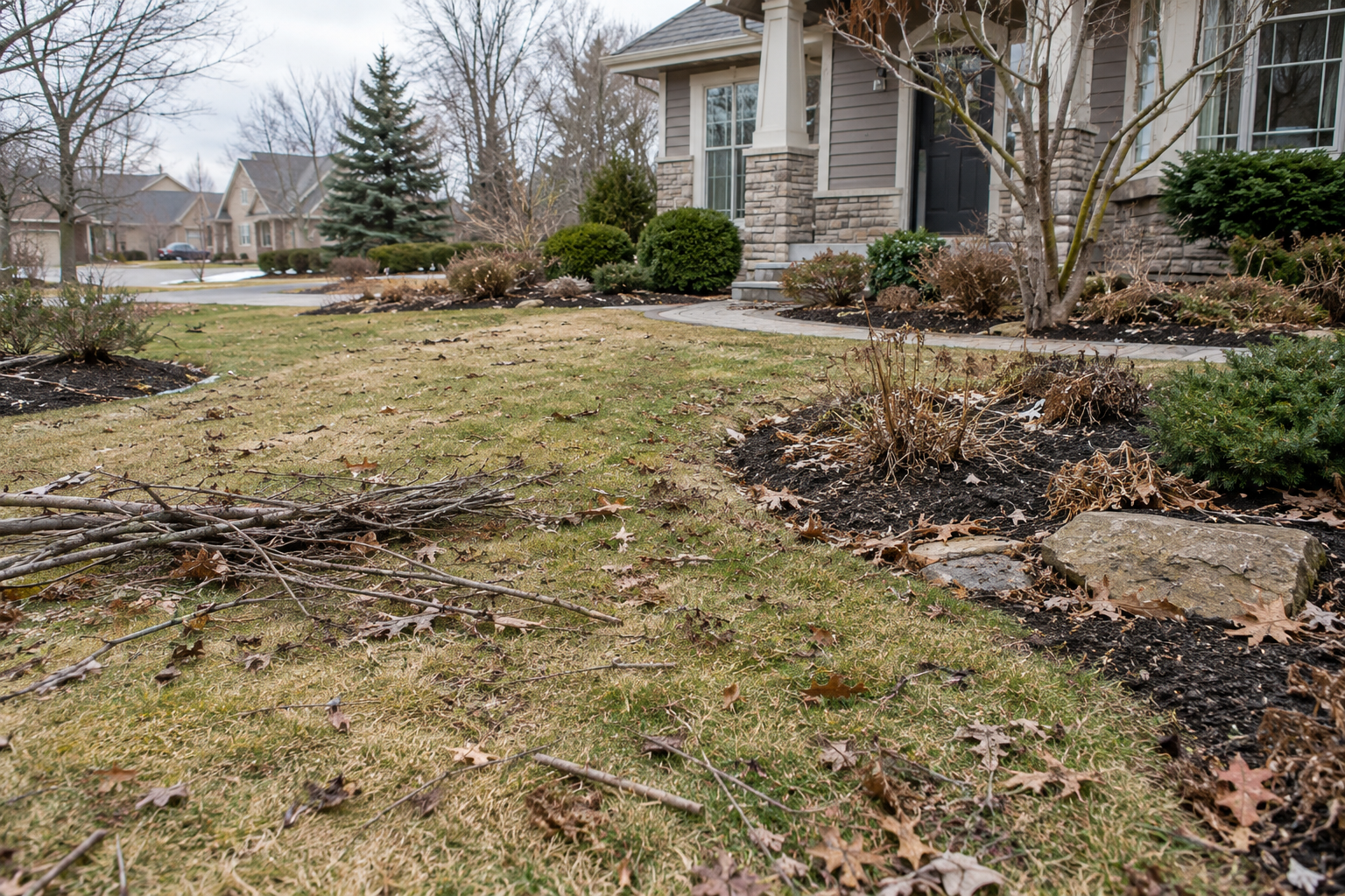 Front yard with bare trees, patchy grass, and a stone house in the background